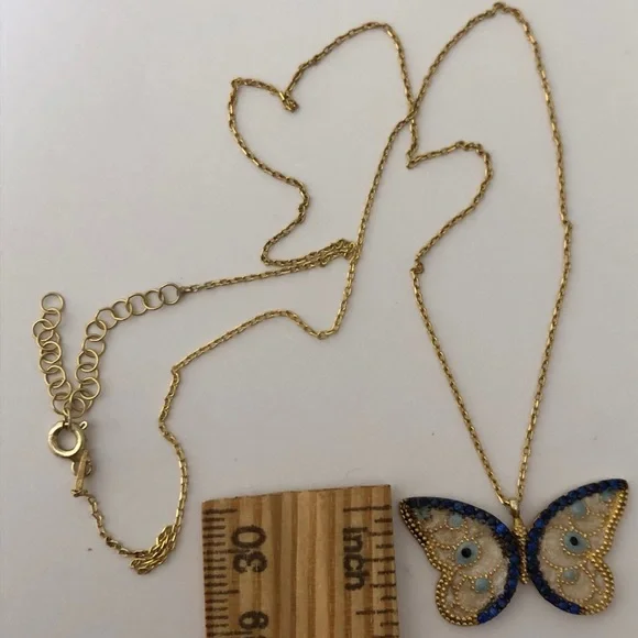 925 Silver butterfly necklace white blue evileye 18k yellow gold plated - Picture 2 of 3
